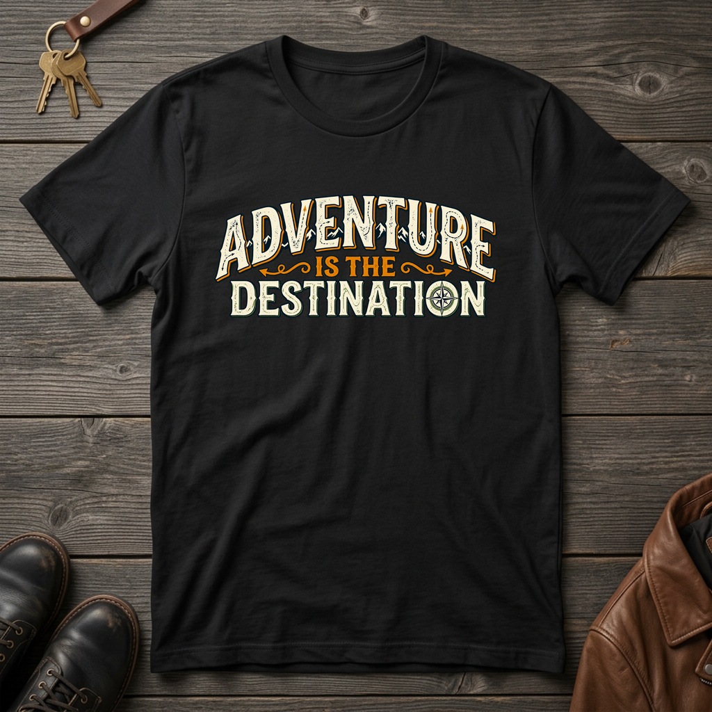 A black short-sleeve graphic t-shirt laid flat on a dark wood background, featuring the text 'ADVENTURE IS THE DESTINATION' in a distressed cream and orange font. The shirt is styled with a key, brown leather shoes, and a brown leather jacket around it.