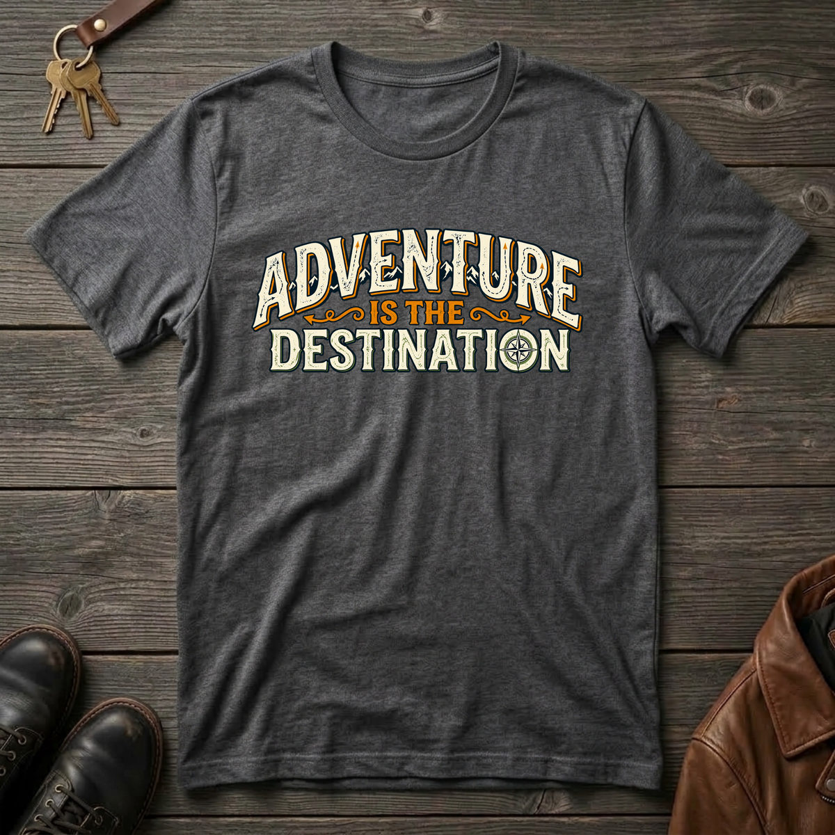 A dark heather gray t-shirt with a vintage-style graphic reading 'ADVENTURE IS THE DESTINATION' in cream and orange lettering, laid flat on a rustic dark wood background with keys, shoes, and a leather jacket as props.