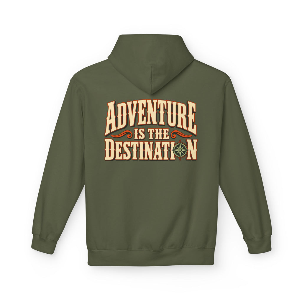 An military green pullover hoodie shown from the back, featuring a large graphic print that reads 'ADVENTURE IS THE DESTINATION' in beige and orange lettering with a small compass icon.