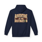 A navy  pullover hoodie shown from the back, featuring a large western-style graphic that reads 'ADVENTURE IS THE DESTINATION' in tan and orange lettering with a small compass design.