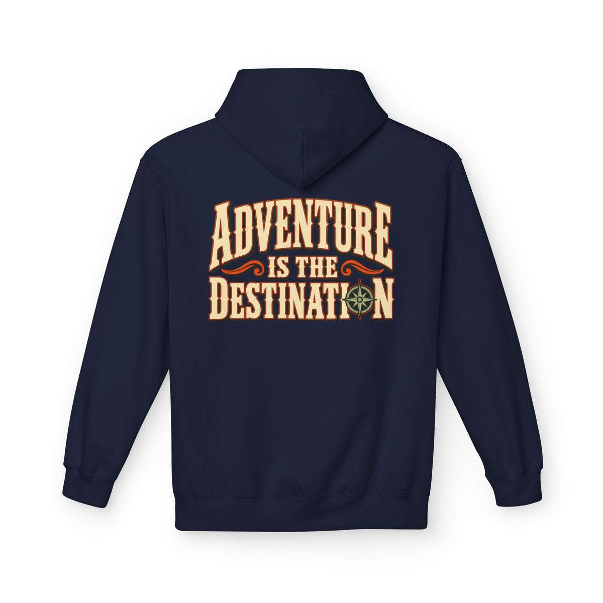 A navy  pullover hoodie shown from the back, featuring a large western-style graphic that reads 'ADVENTURE IS THE DESTINATION' in tan and orange lettering with a small compass design.