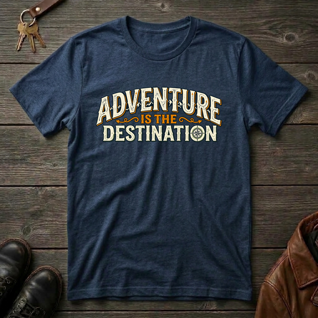 A navy blue heather graphic t-shirt laid flat on a rustic dark wood background, featuring the text 'ADVENTURE IS THE DESTINATION' in cream and orange. The shirt is styled with keys, brown leather shoes, and a brown leather jacket around it.