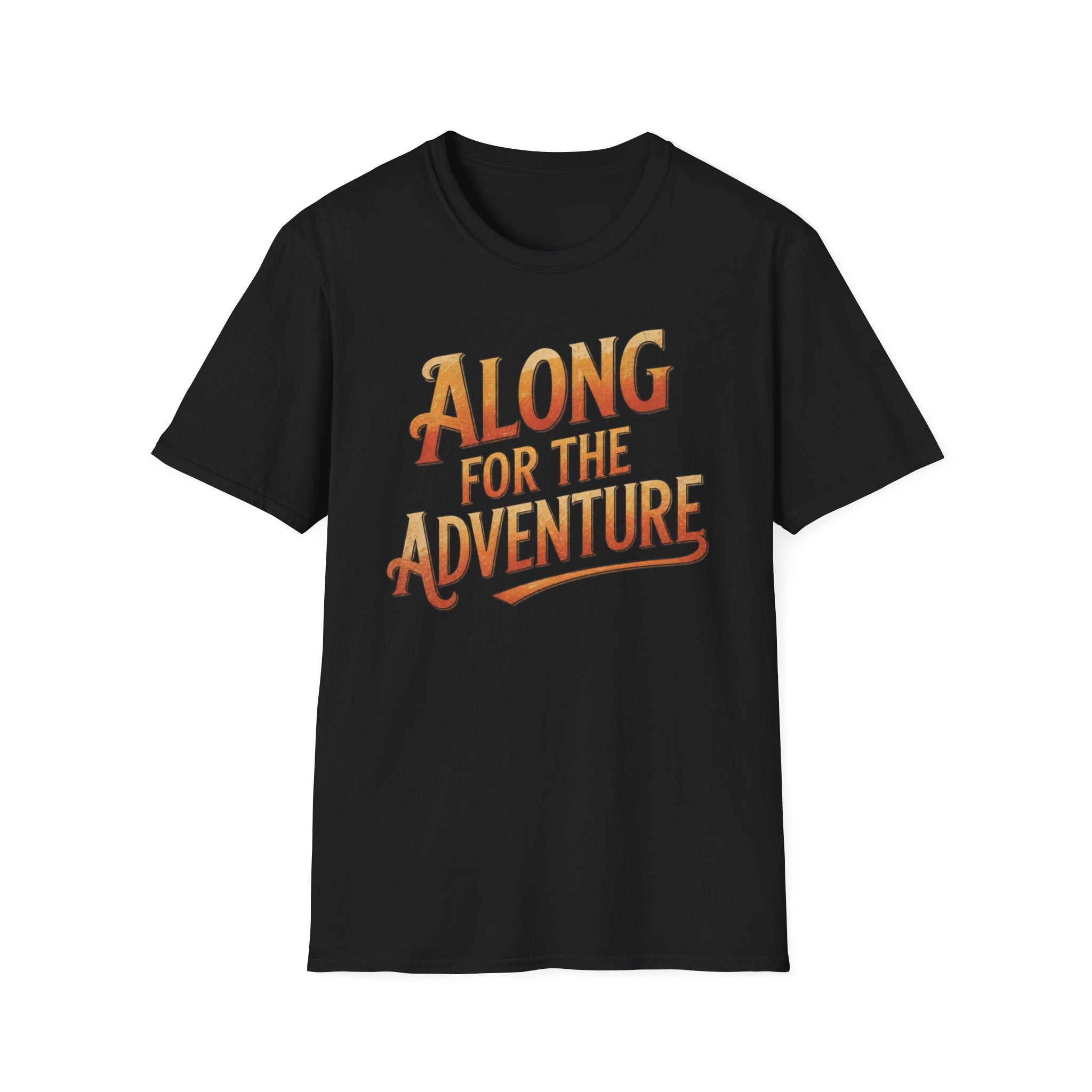 Black 'Along For The Adventure' road trip t-shirt featuring vintage orange and gold typography on a soft unisex tee on a white background.