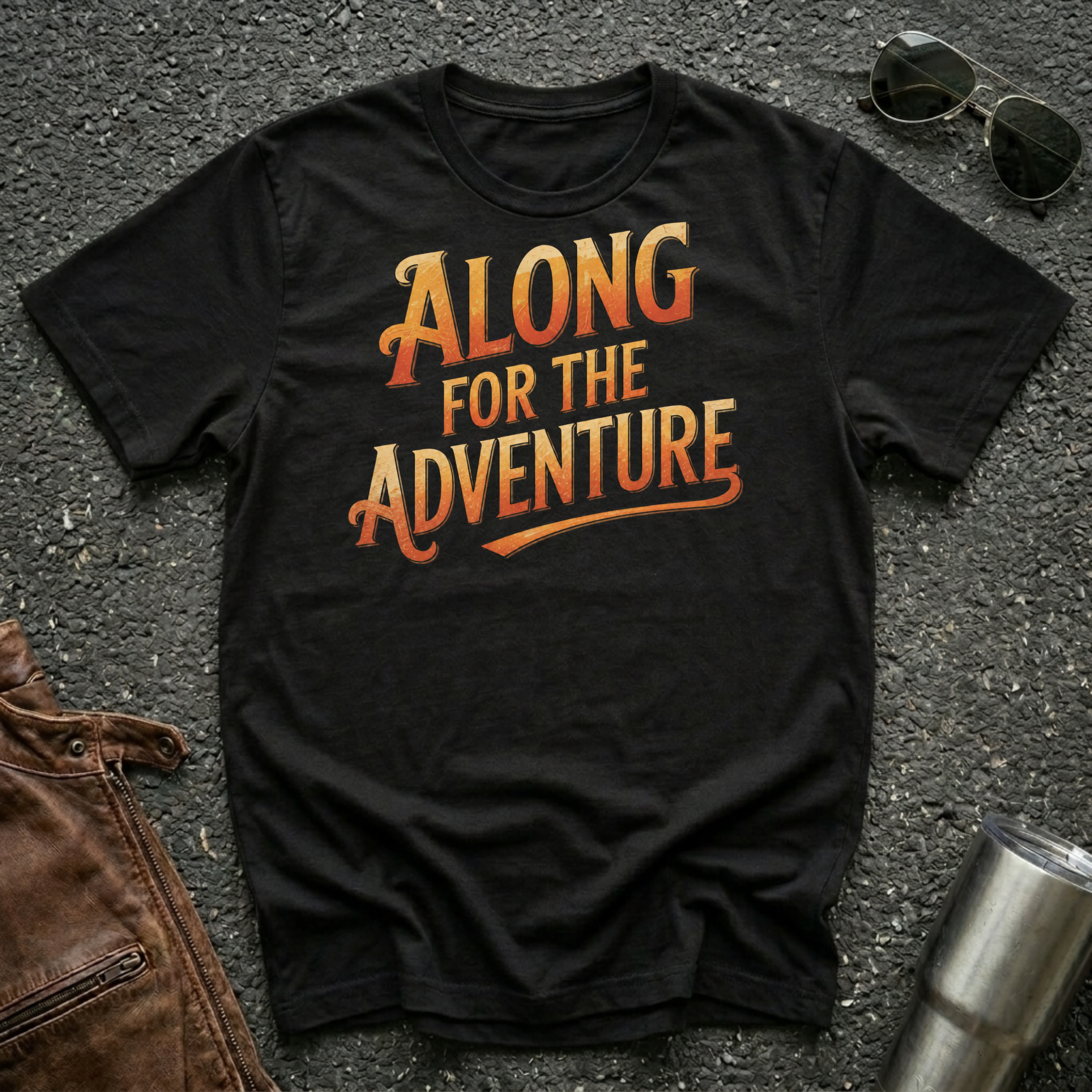 Black 'Along For The Adventure' road trip t-shirt featuring vintage orange and gold typography on a soft unisex tee.