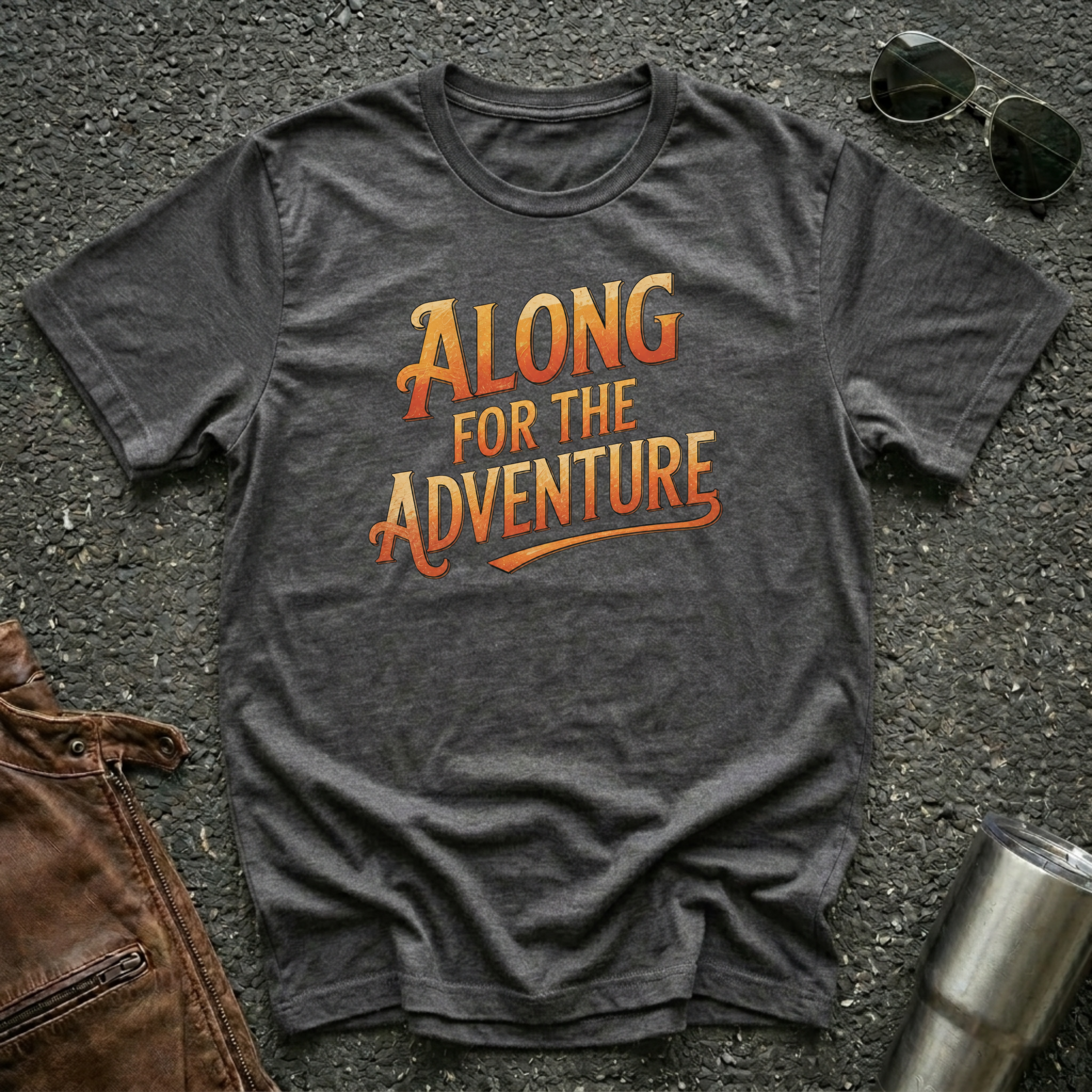 Dark heather 'Along For The Adventure' road trip t-shirt featuring vintage orange and gold typography on a soft unisex tee.