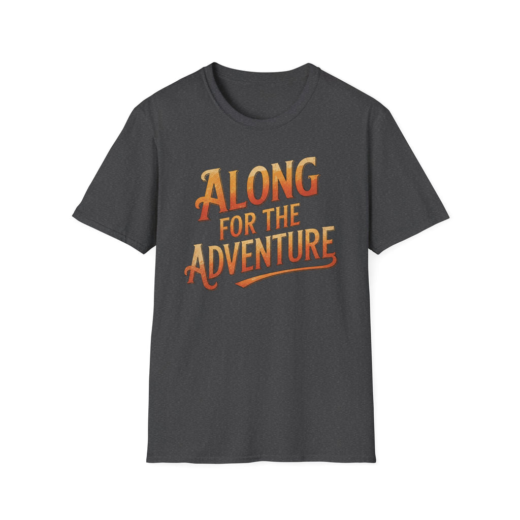 Dark heather 'Along For The Adventure' road trip t-shirt featuring vintage orange and gold typography on a soft unisex tee on a white background.