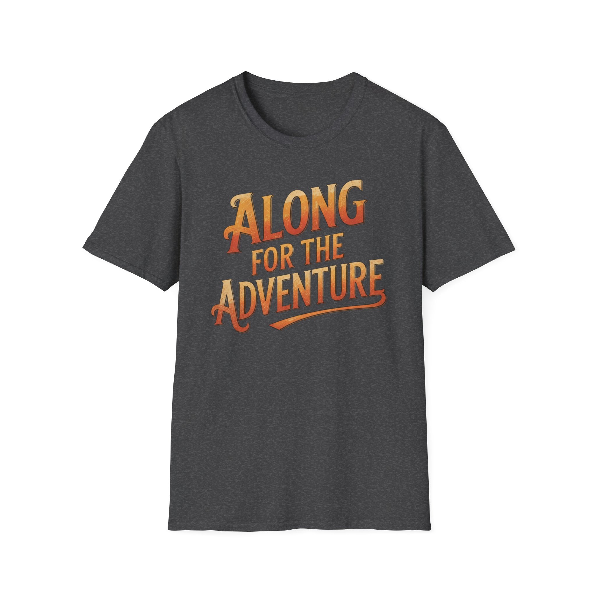 Dark heather 'Along For The Adventure' road trip t-shirt featuring vintage orange and gold typography on a soft unisex tee on a white background.