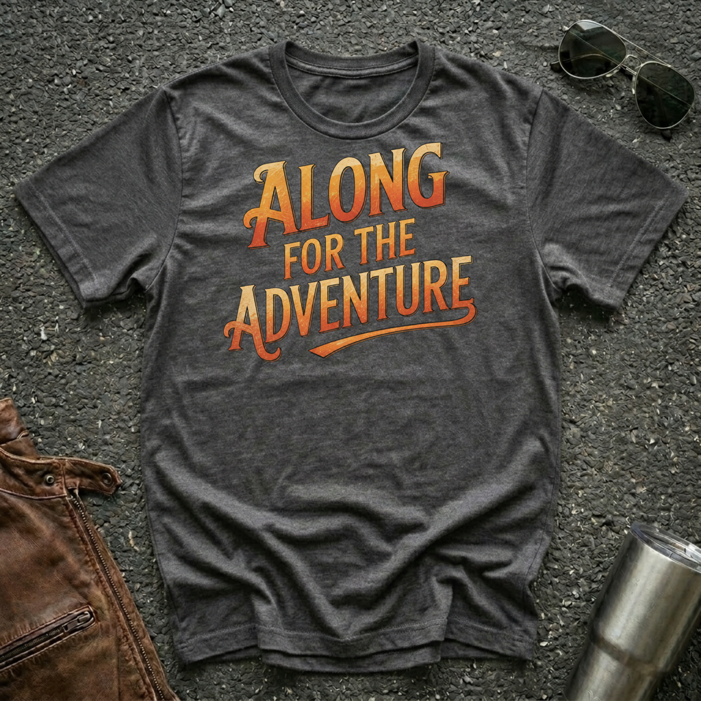 Dark heather 'Along For The Adventure' road trip t-shirt featuring vintage orange and gold typography on a soft unisex tee.