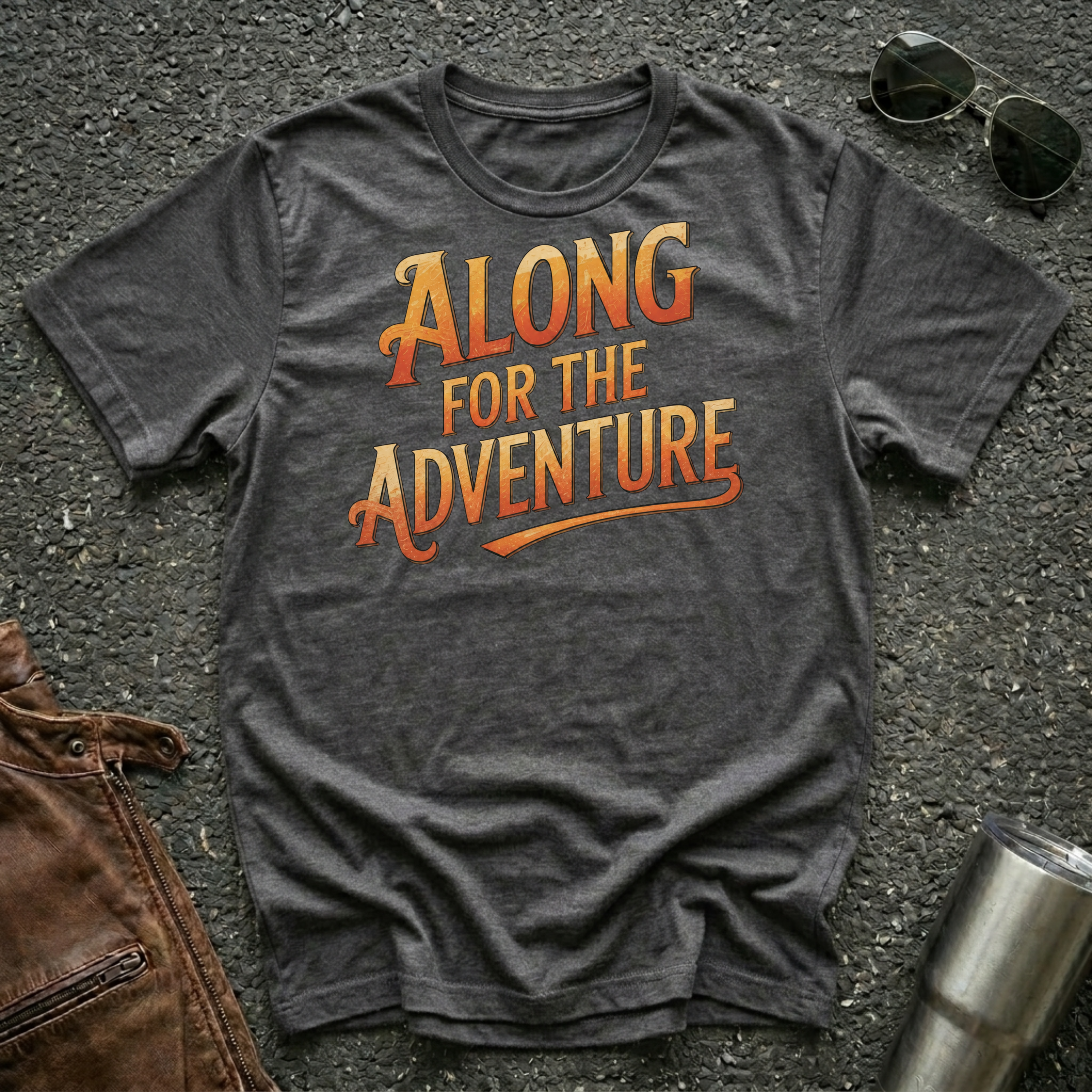 Dark heather 'Along For The Adventure' road trip t-shirt featuring vintage orange and gold typography on a soft unisex tee.