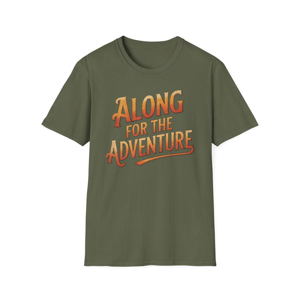 Military green 'Along For The Adventure' road trip t-shirt featuring vintage orange and gold typography on a soft unisex tee on a white background.