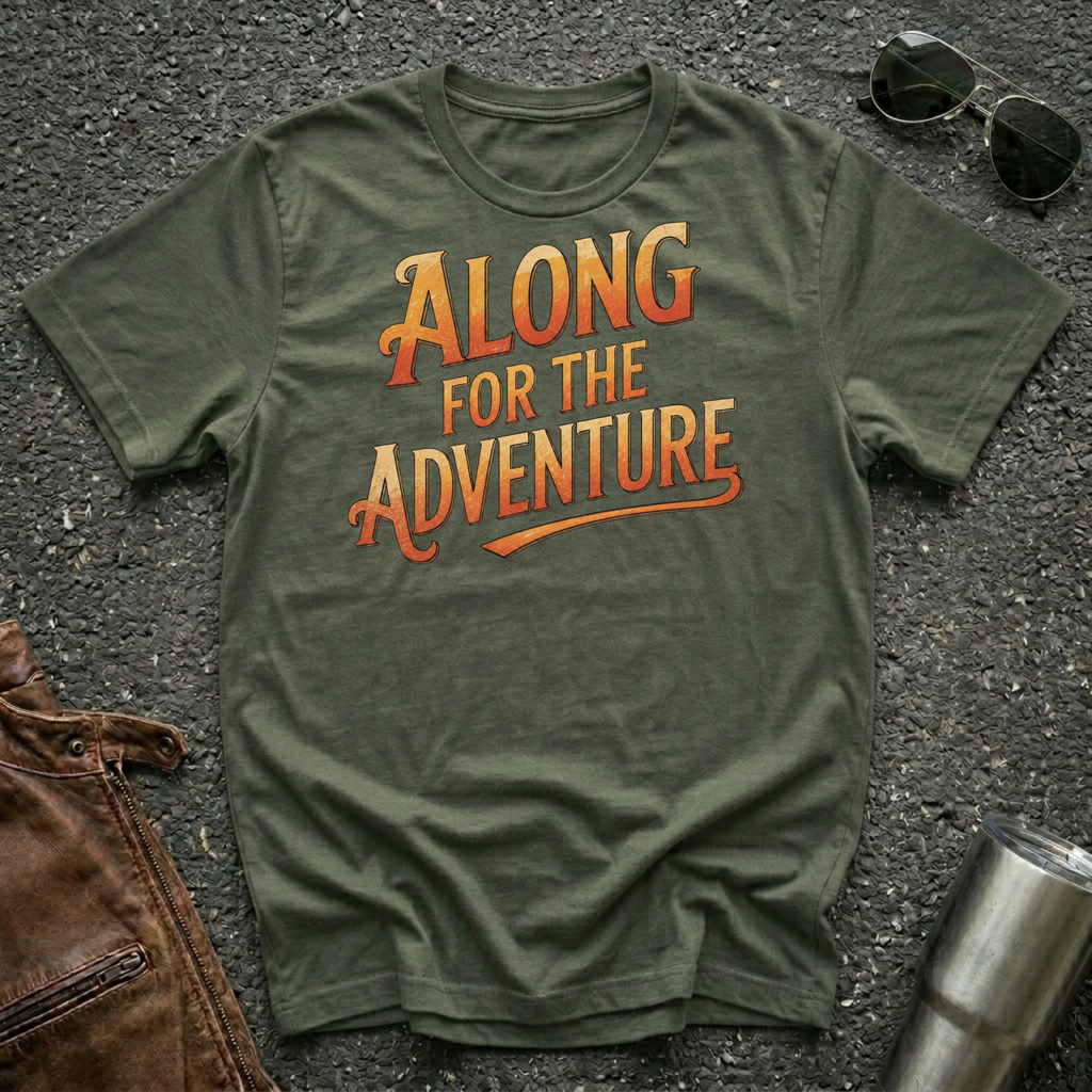 Military green  'Along For The Adventure' road trip t-shirt featuring vintage orange and gold typography on a soft unisex tee.