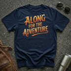 Navy 'Along For The Adventure' road trip t-shirt featuring vintage orange and gold typography on a soft unisex tee.