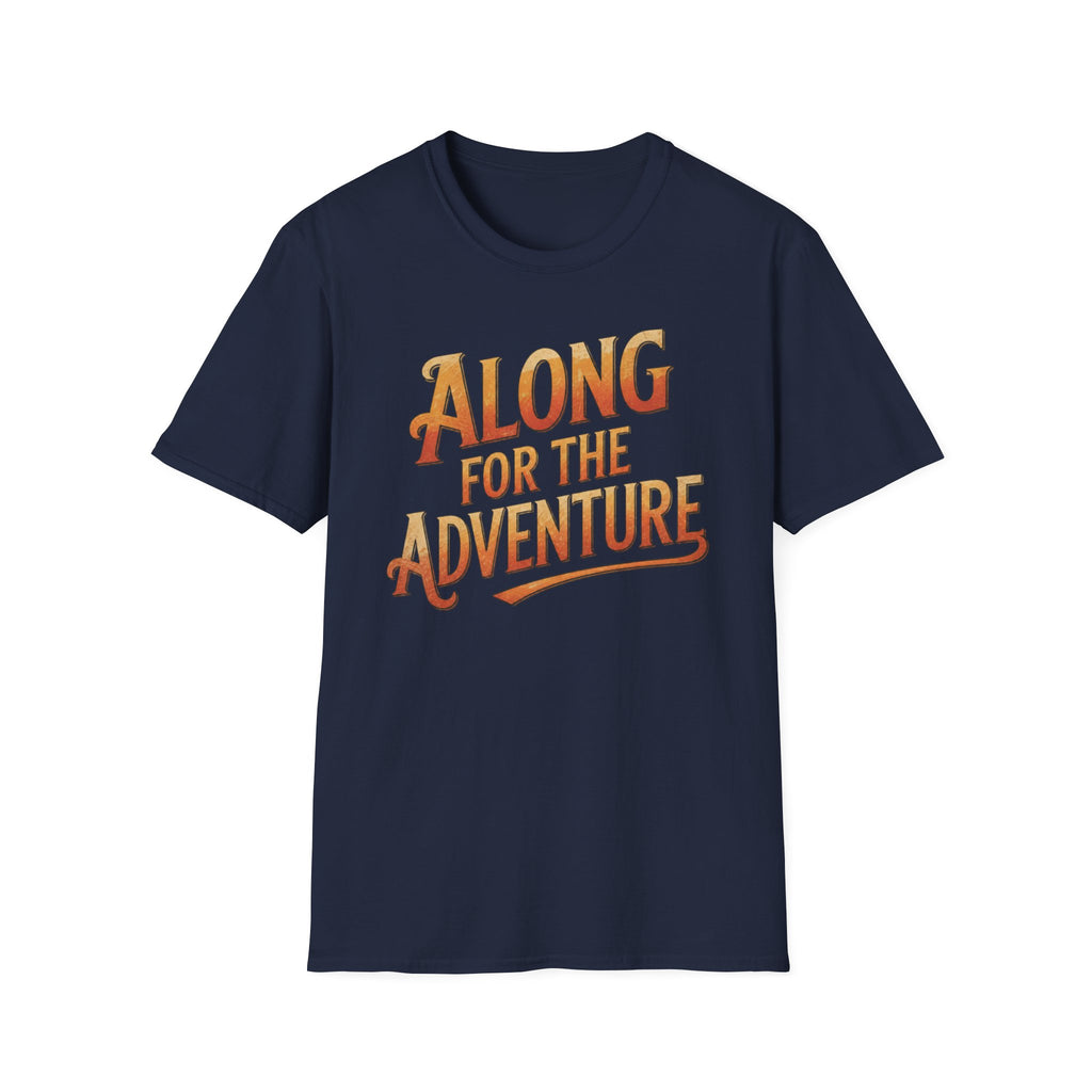 Blue 'Along For The Adventure' road trip t-shirt featuring vintage orange and gold typography on a soft unisex tee on a white background.