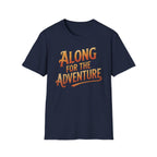 Blue 'Along For The Adventure' road trip t-shirt featuring vintage orange and gold typography on a soft unisex tee on a white background.