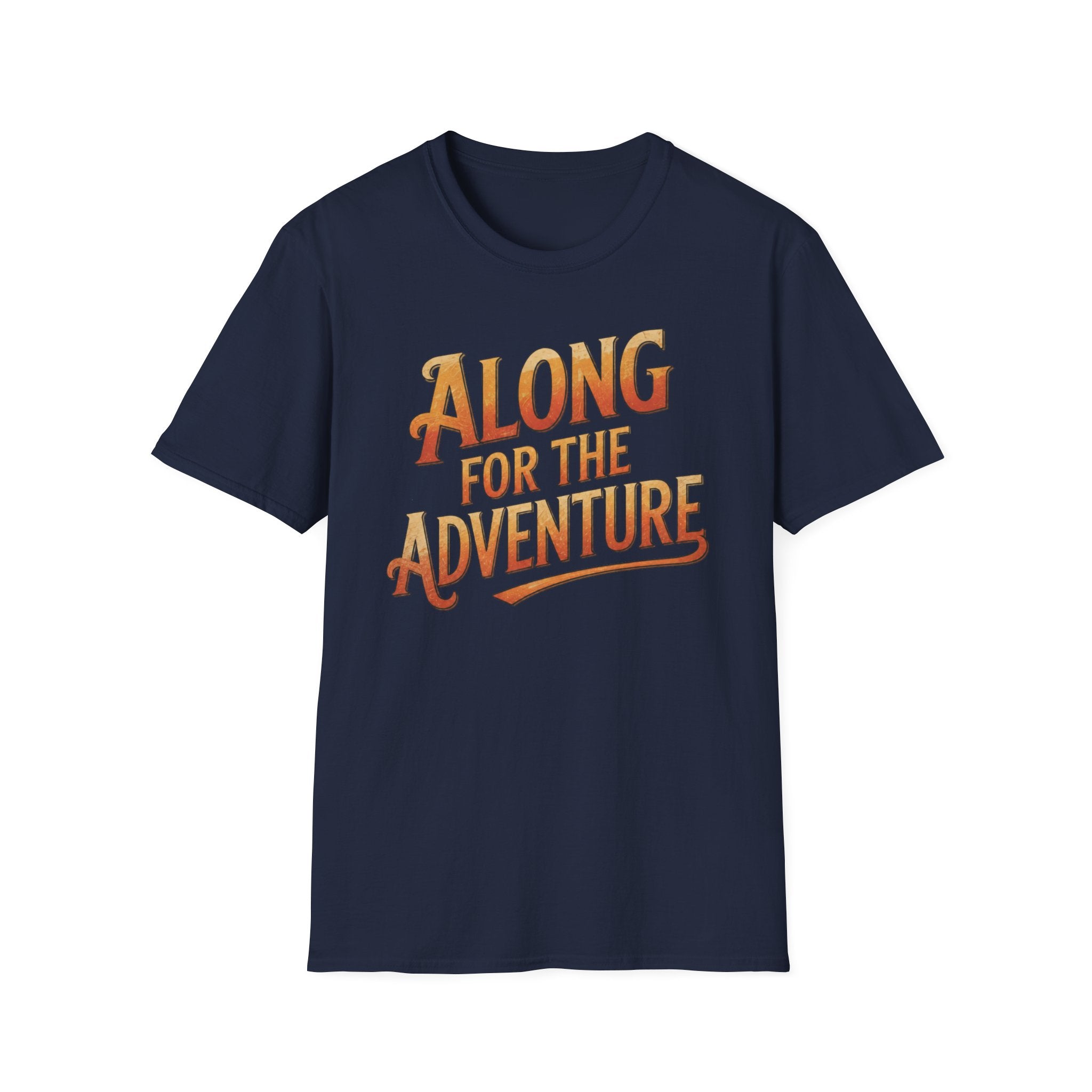 Blue 'Along For The Adventure' road trip t-shirt featuring vintage orange and gold typography on a soft unisex tee on a white background.