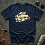 Navy 'Always Rolling Forward' road life T-shirt featuring vintage cream typography on a soft unisex tee.