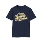 Navy 'Always Rolling Forward' road life T-shirt featuring vintage cream typography on a soft unisex tee on a white background.