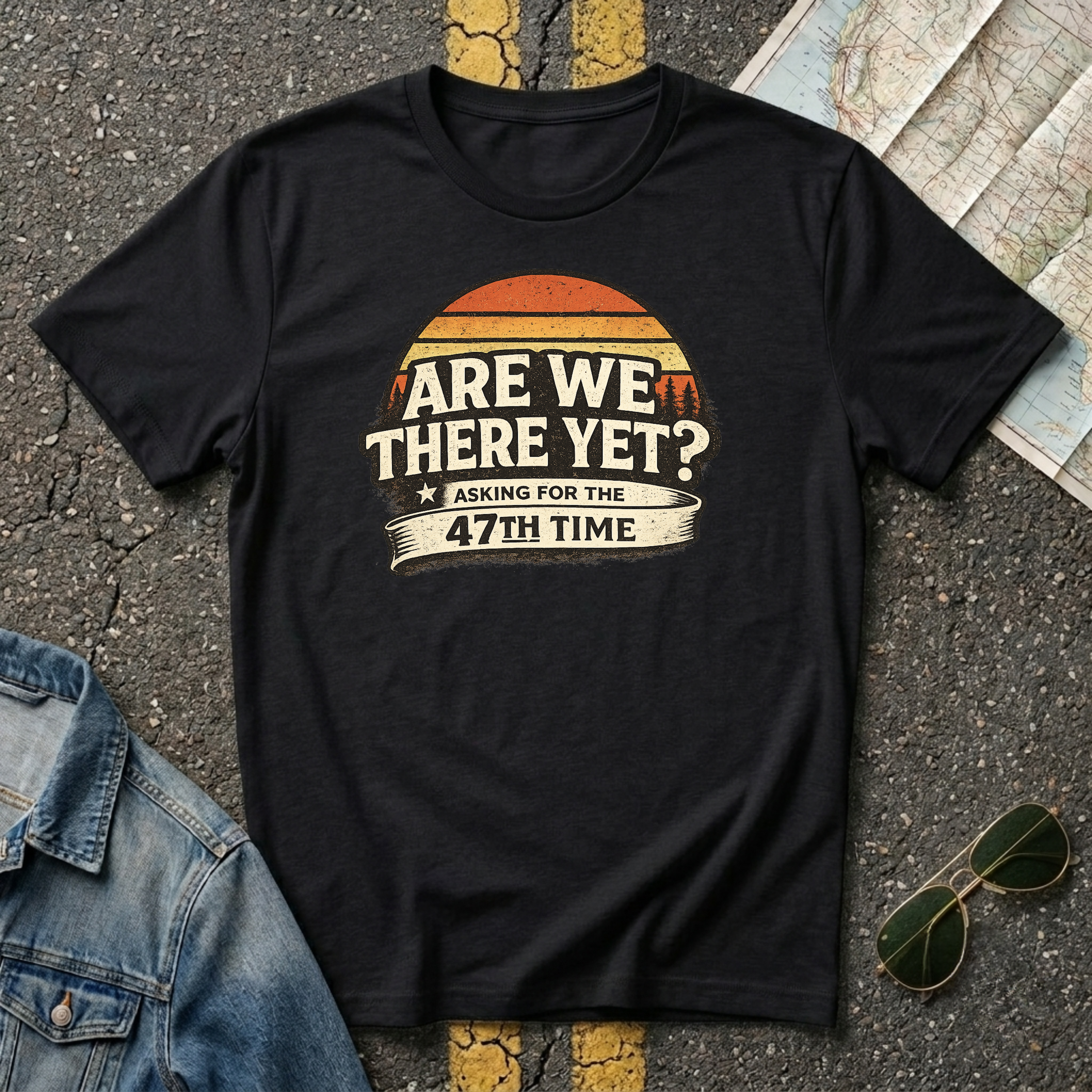 Black 'Are We There Yet Asking For The 47th Time' retro graphic t-shirt Gildan 64000