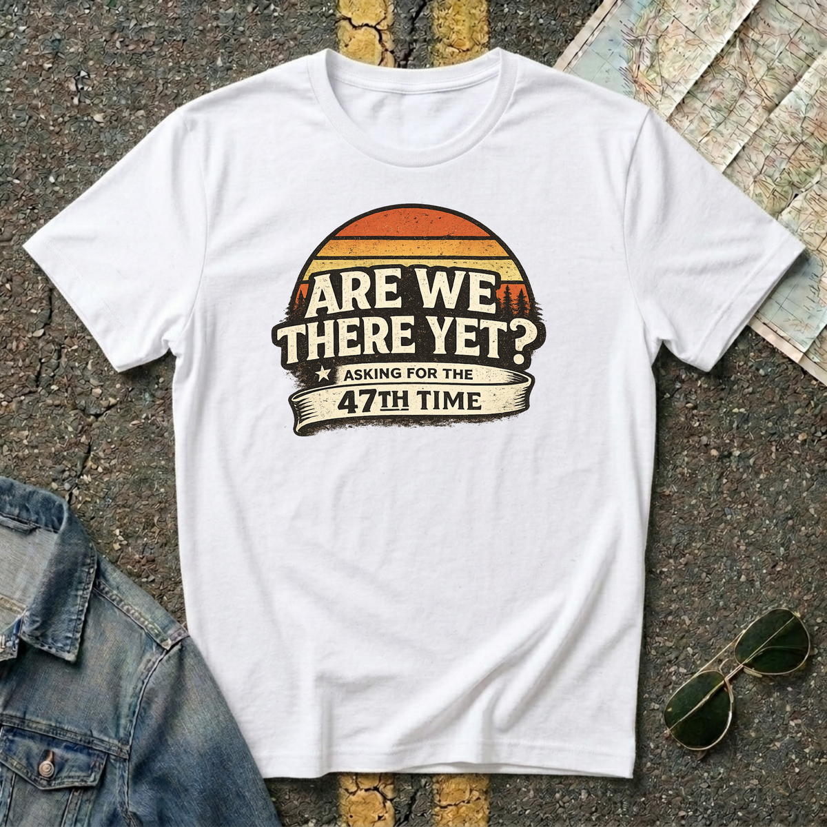 White 'Are We There Yet Asking For The 47th Time' retro graphic t-shirt Gildan 64000