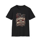 Black t-shirt with a raven and chains 'Earned My Miles – Nothing Left To Prove' on a white background