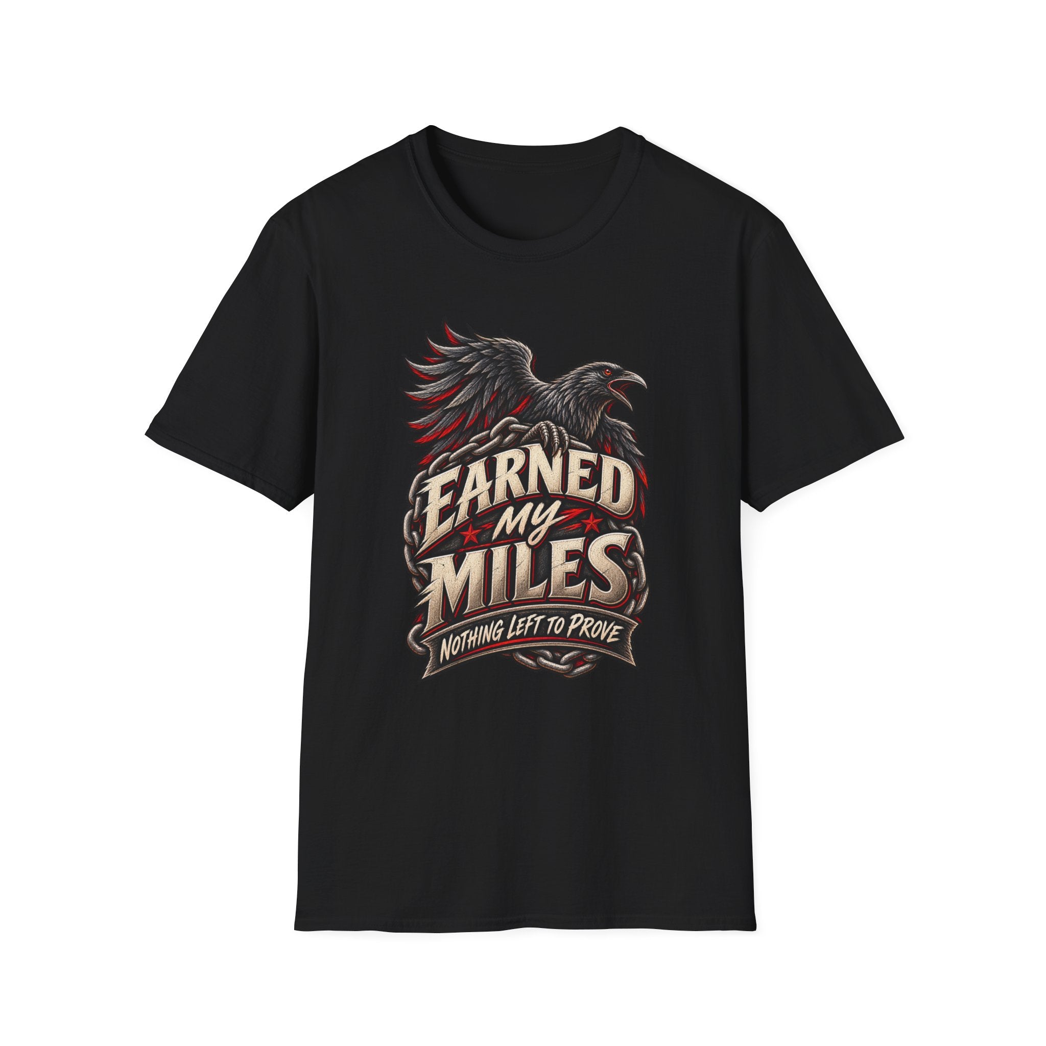 Black t-shirt with a raven and chains 'Earned My Miles – Nothing Left To Prove' on a white background