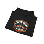 black folded hoodie with badge design 'Lost-ish Again' on a white background