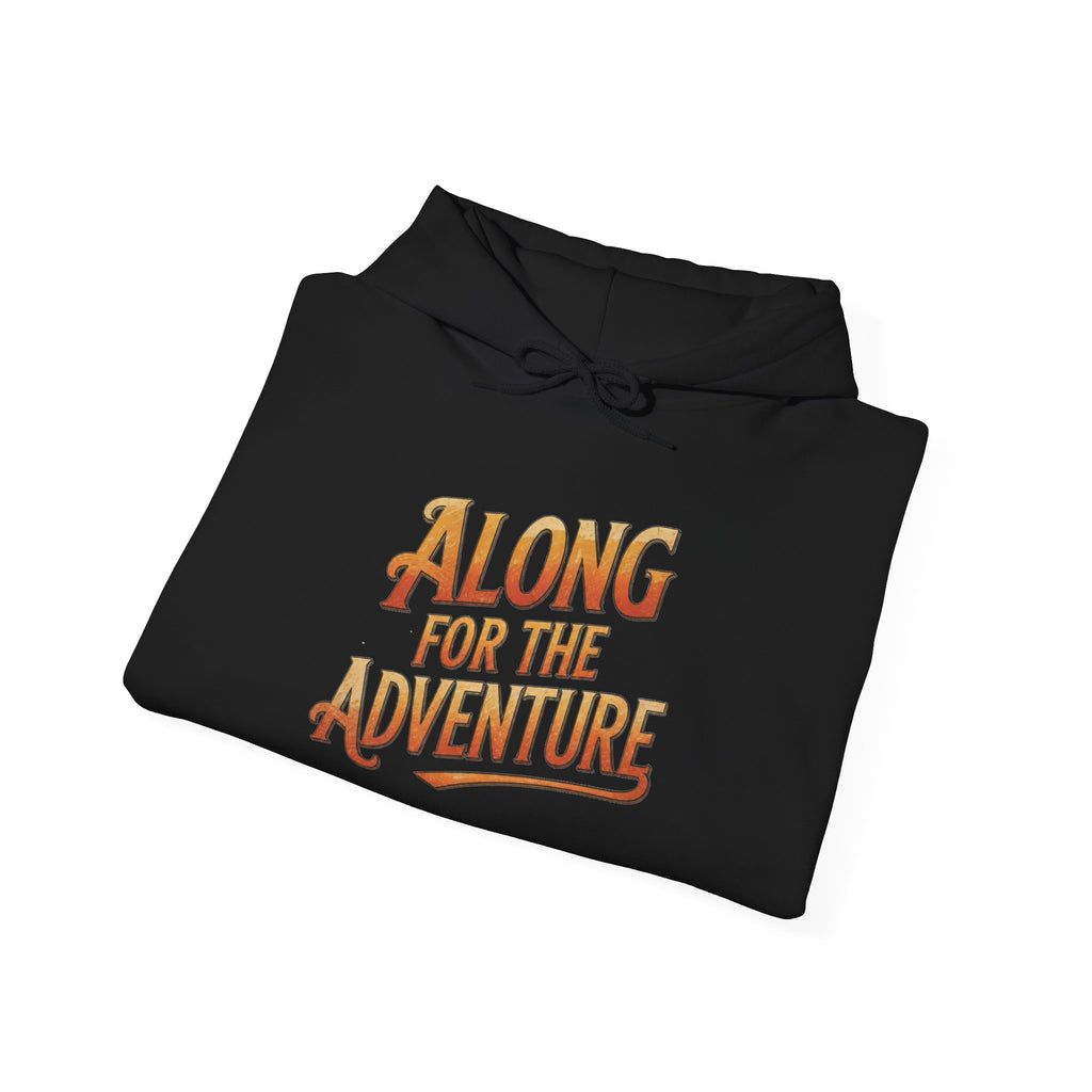 Black hoodie with a colorful graphic 'Along for the Adventure' design on a white background