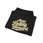 Black hoodie with 'Always Rolling Forward' graphic on a white background