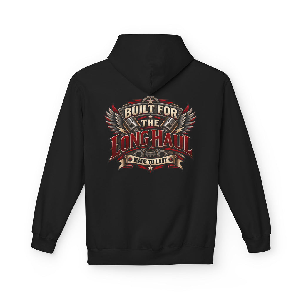 A black pullover hoodie shown from the back, featuring a large graphic print with wings and the text 'BUILT FOR THE LONG HAUL' and 'MADE TO LAST' in red, white, and gray.