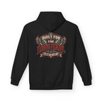 A black pullover hoodie shown from the back, featuring a large graphic print with wings and the text 'BUILT FOR THE LONG HAUL' and 'MADE TO LAST' in red, white, and gray.