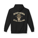 Black hoodie with white text on the back  'Road Worn Still Rolling' on a white background