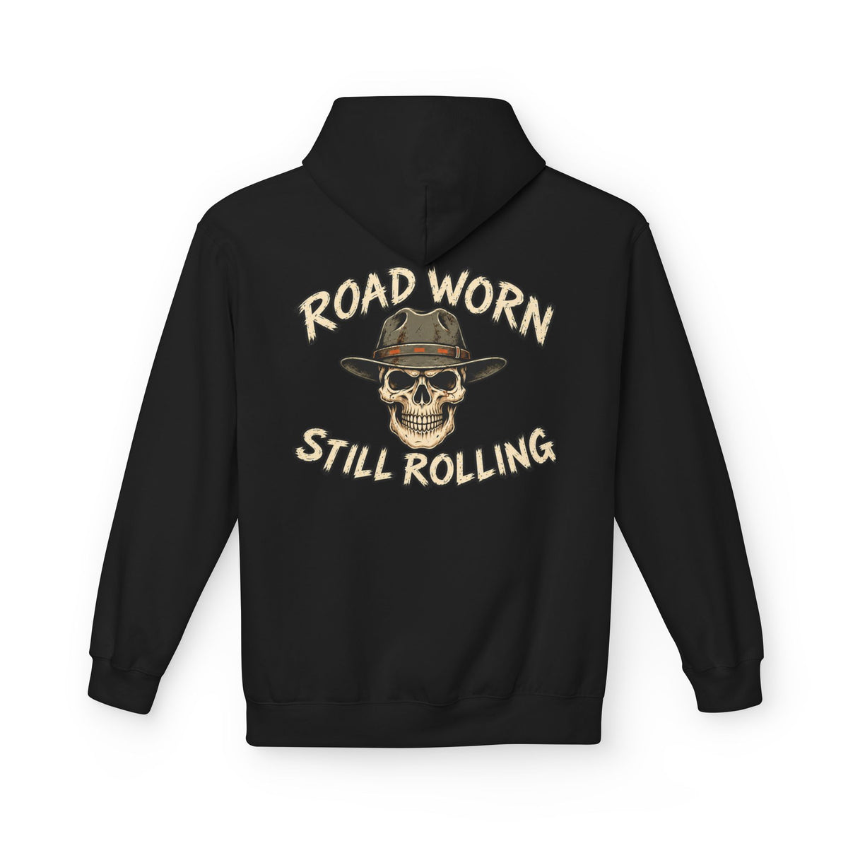 Black hoodie with white text on the back  'Road Worn Still Rolling' on a white background