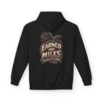 A black pullover hoodie shown from the back, featuring a large graphic print of a raven and the text 'EARNED MY MILES' with 'NOTHING LEFT TO PROVE' underneath.