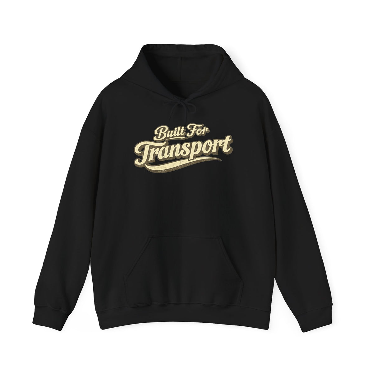 Black hoodie with Built For Transport graphic on a white background