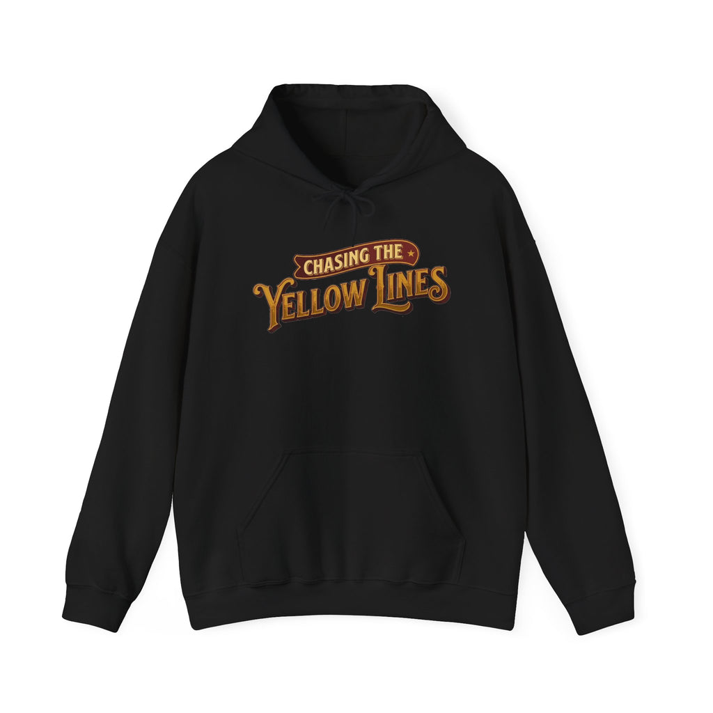 Black hoodie 'Chasing the Yellow Lines' on a white background
