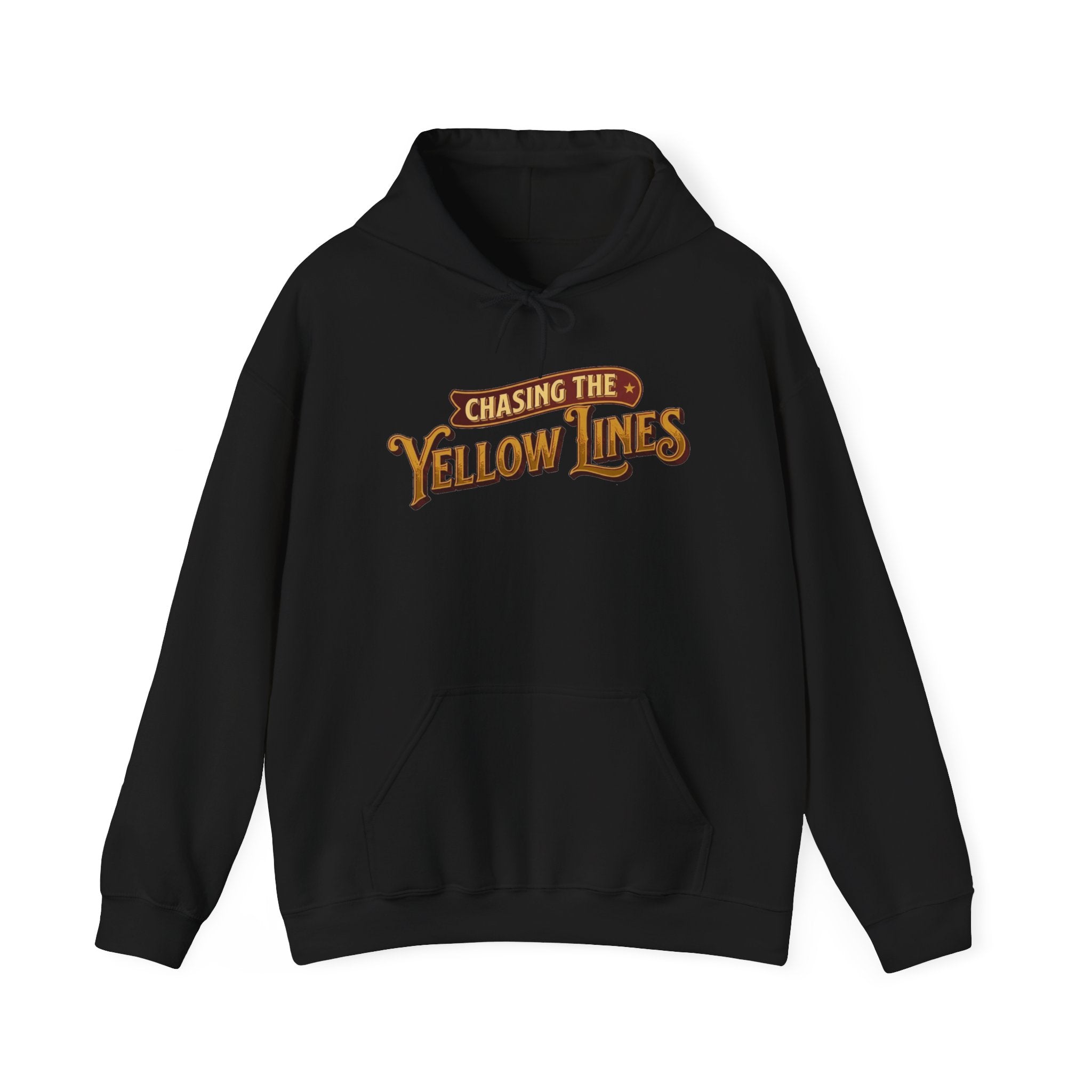 Black hoodie 'Chasing the Yellow Lines' on a white background