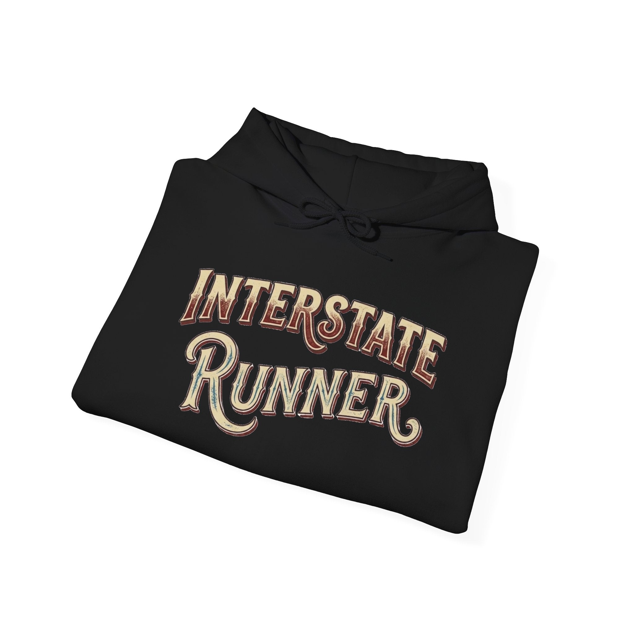 Folded black hoodie 'Interstate Runner' with white book illustration on a white background