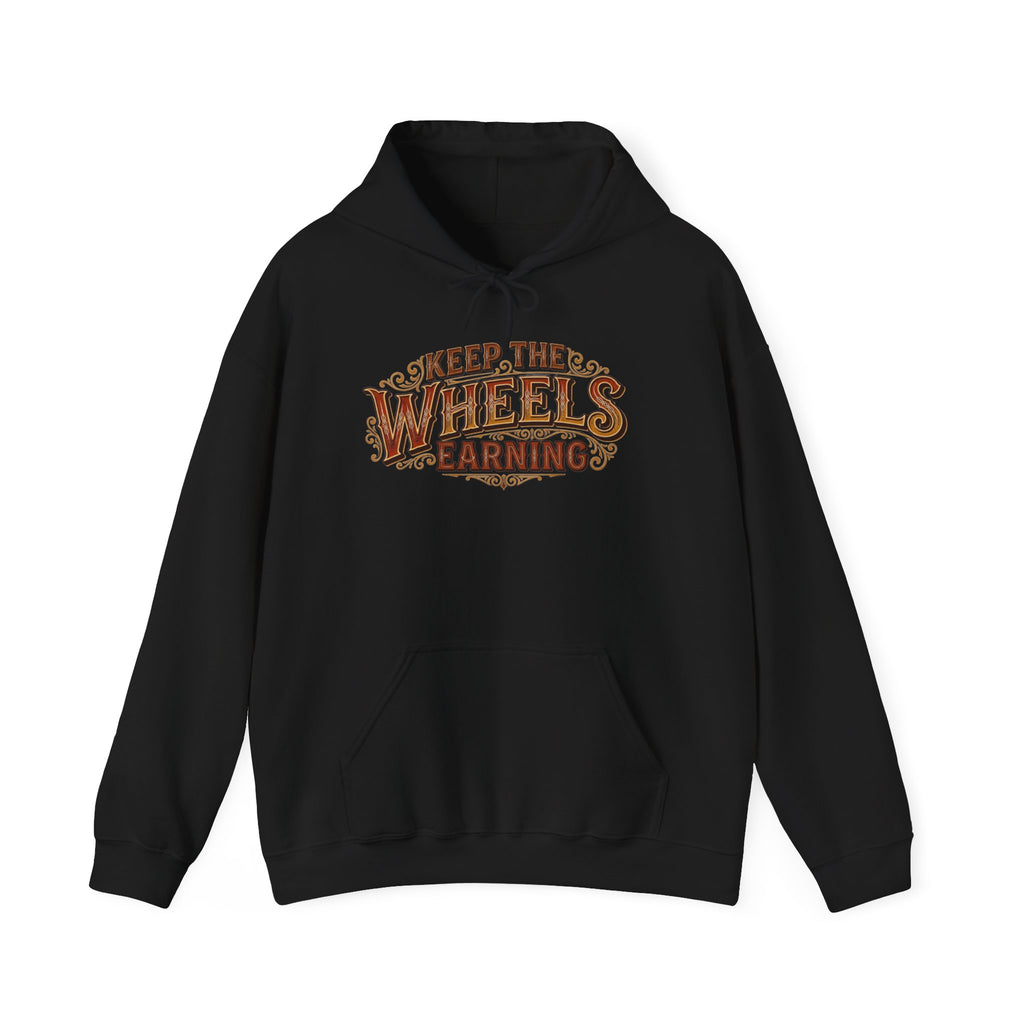Black hoodie 'Keep The Wheels Earning' vintage design on a white background