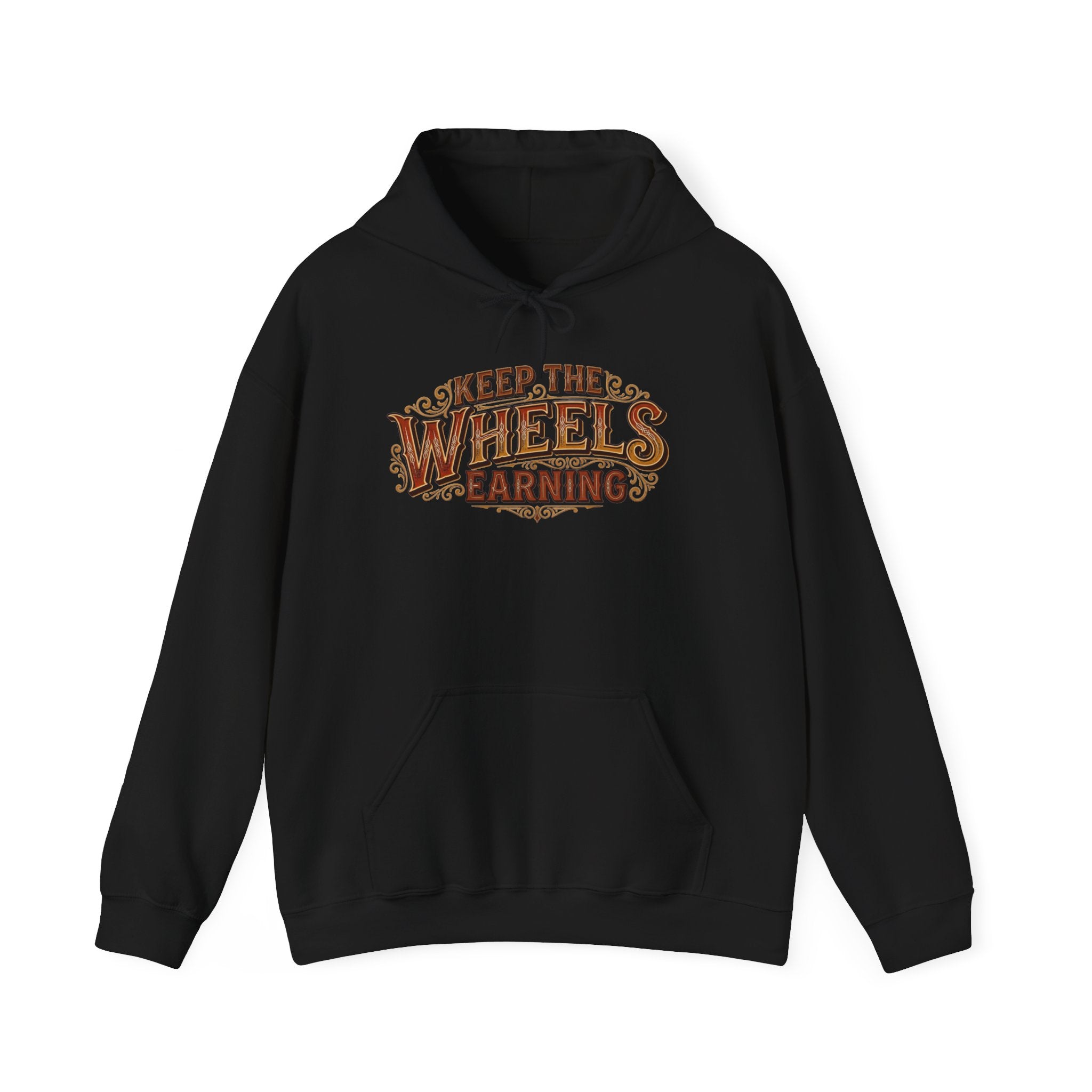 Black hoodie 'Keep The Wheels Earning' vintage design on a white background