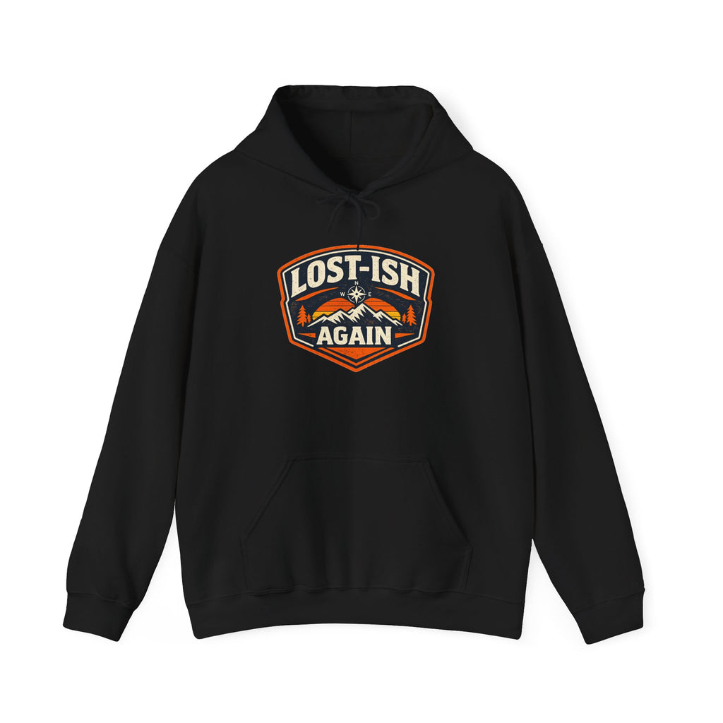 black hoodie with a badge mountain compass design 'Lost-ish Again' on a white background