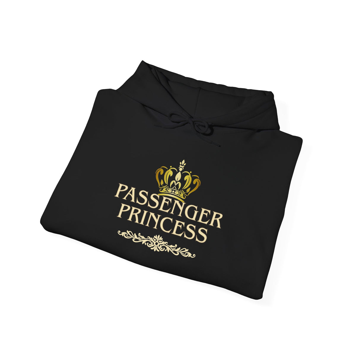 Folded black hoodie with a graphic design 'Passenger Princess' on a white background