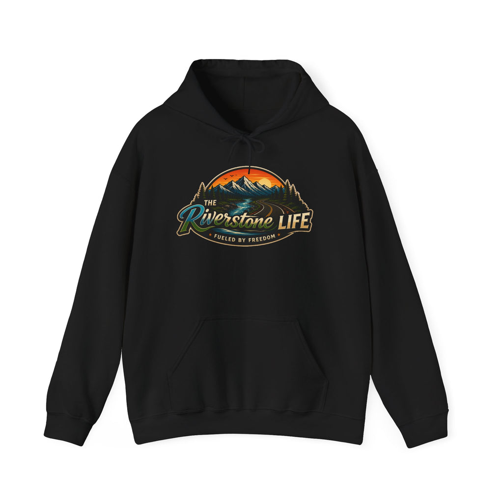 Black hoodie with 'The Riverstone Life Fueled By Freedom' text on a white background