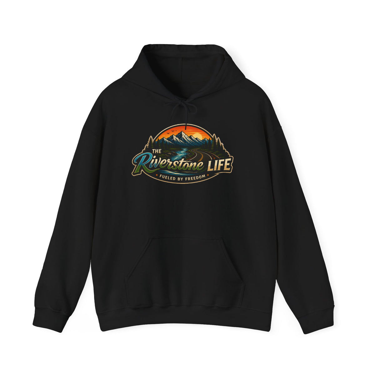 Black hoodie with 'The Riverstone Life Fueled By Freedom' text on a white background
