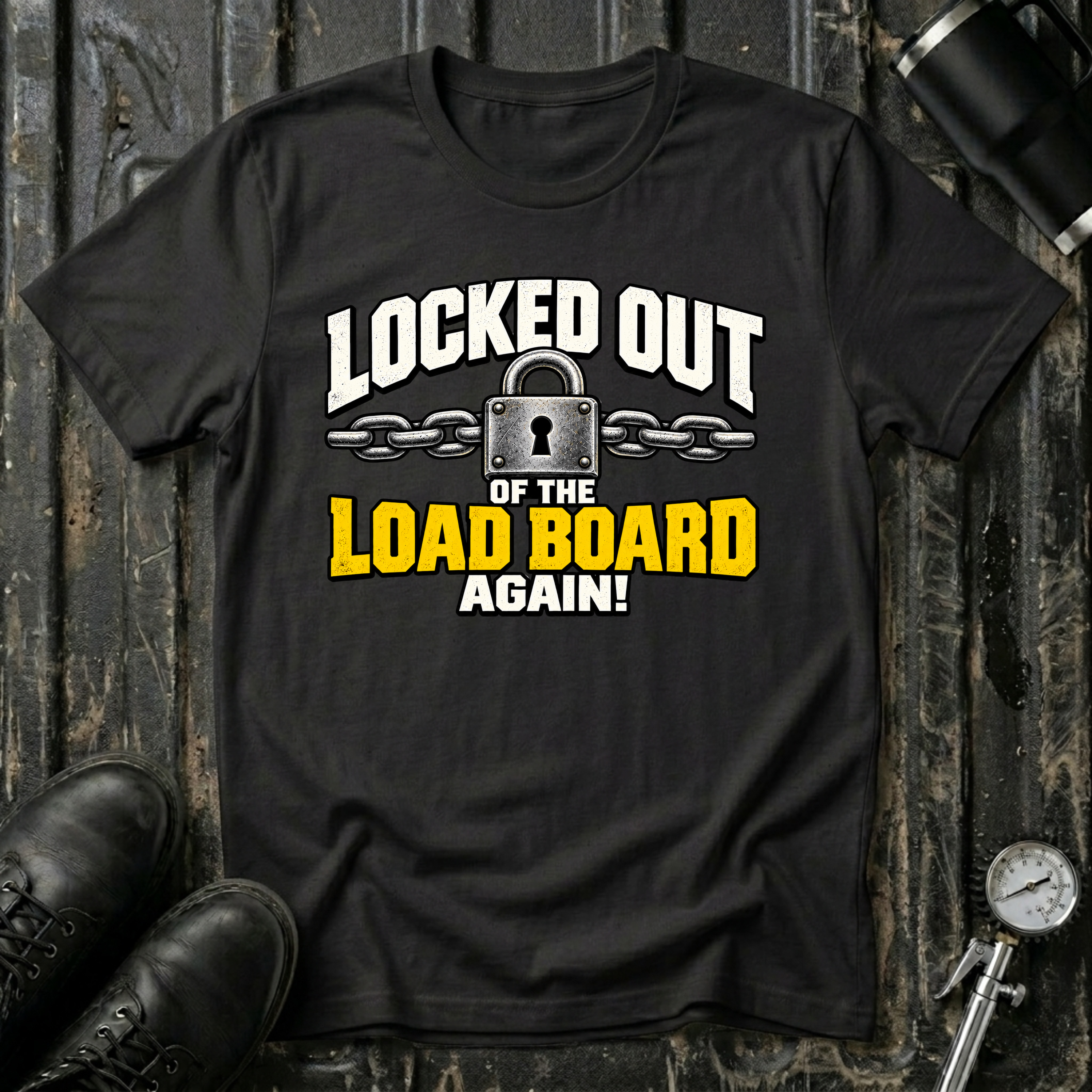 A black graphic t-shirt laid flat on a dark wood background with boots, a bottle, and a gauge as props. The shirt features a graphic that reads 'LOCKED OUT OF THE LOAD BOARD AGAIN!' in white and yellow text with a padlock and chain illustration.