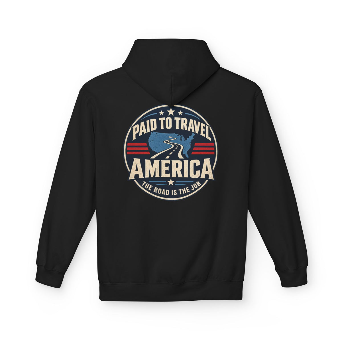 A black pullover hoodie shown from the back, featuring a circular graphic print with the text 'PAID TO TRAVEL AMERICA' and 'THE ROAD IS THE JOB' in cream, blue, and red.