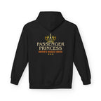 A black pullover hoodie shown from the back, featuring a gold crown graphic and the text 'PASSENGER PRINCESS' and 'DRIVER'S BIGGEST CRITIC' in gold and orange lettering.