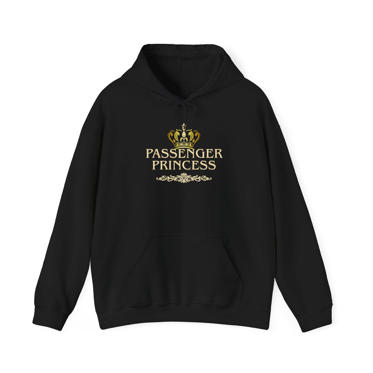 A black hoodie 'Passenger Princess' with a crown vintage design on a white background