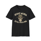 Black t-shirt with 'ROAD WORN STILL ROLLING' text on a white background