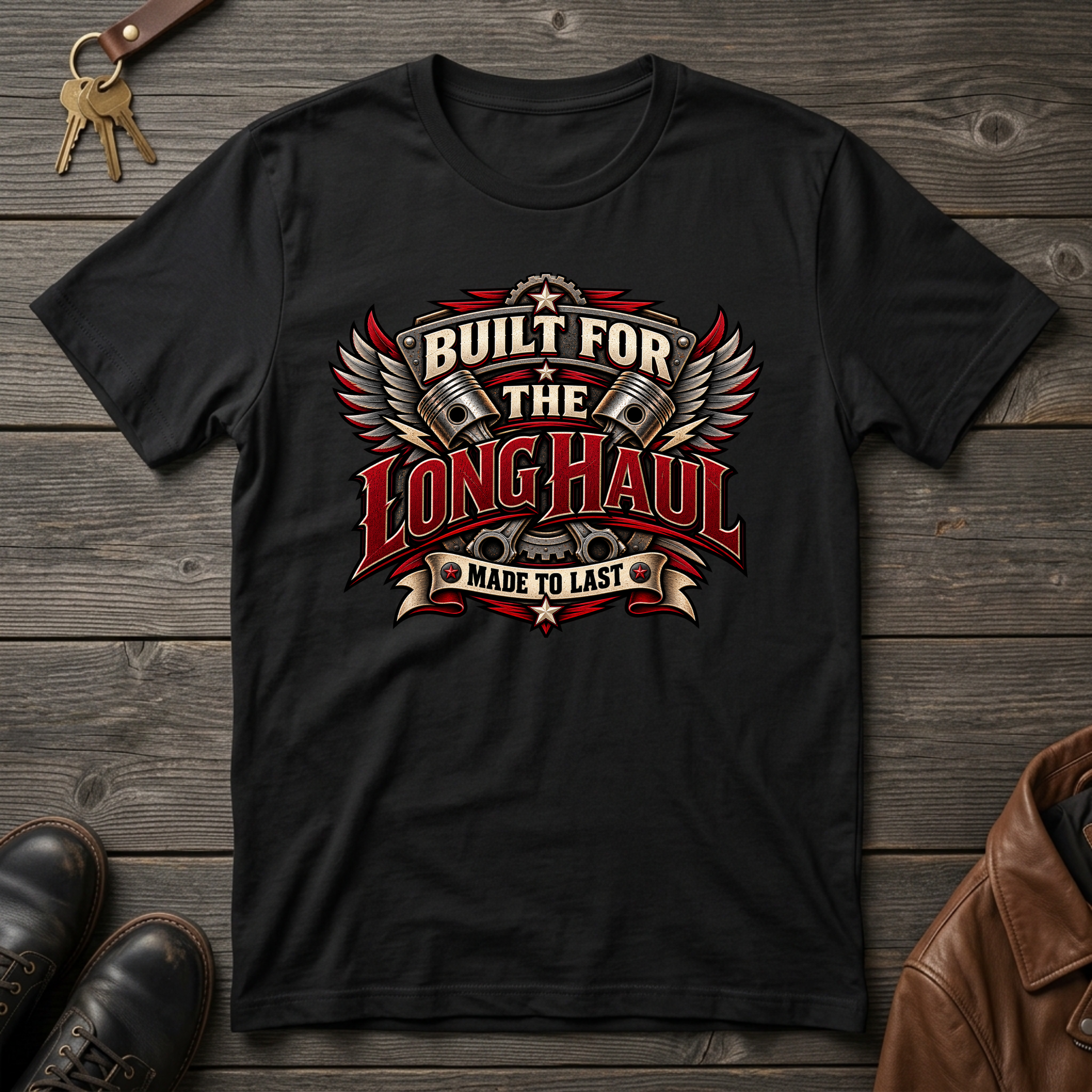 A black short-sleeve graphic t-shirt laid flat on a rustic dark wood background, featuring a vintage-style red, beige, and white chest print that reads 'BUILT FOR THE LONG HAUL MADE TO LAST' with wings and engine parts. A brown leather jacket corner, keys, and black shoes are partially visible around the shirt.