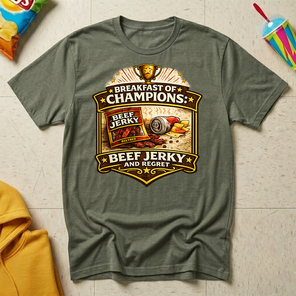 Breakfast of Champions: Beef Jerky and Regret T-shirt by The Riverstone Life on a military green Gildan Softstyle 64000 featuring a humorous truck stop breakfast design with beef jerky.